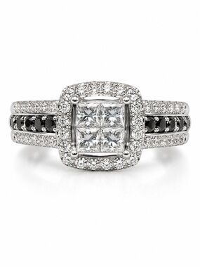 14K Solid White Gold Black & White Diamond Halo Engagement Ring 1ctw Size 7